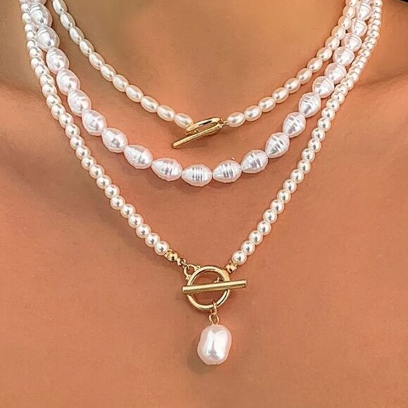 3 for $26 - 3 Layered Baroque Pearl Necklaces Vintage Multi-Layer Pearl … - Picture 1 of 5
